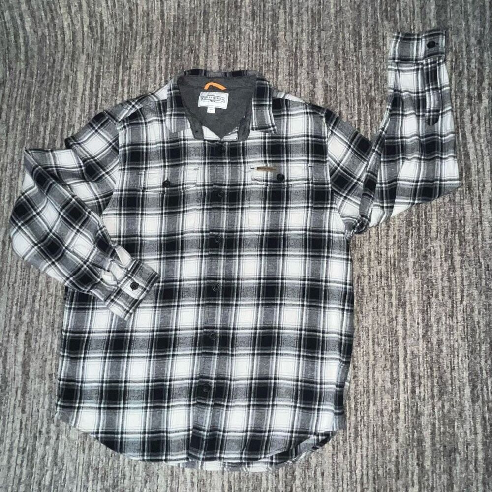 Field & Stream Mens Plaid XL Button Front Shirt Black Gray‎ White Ling Sleeve